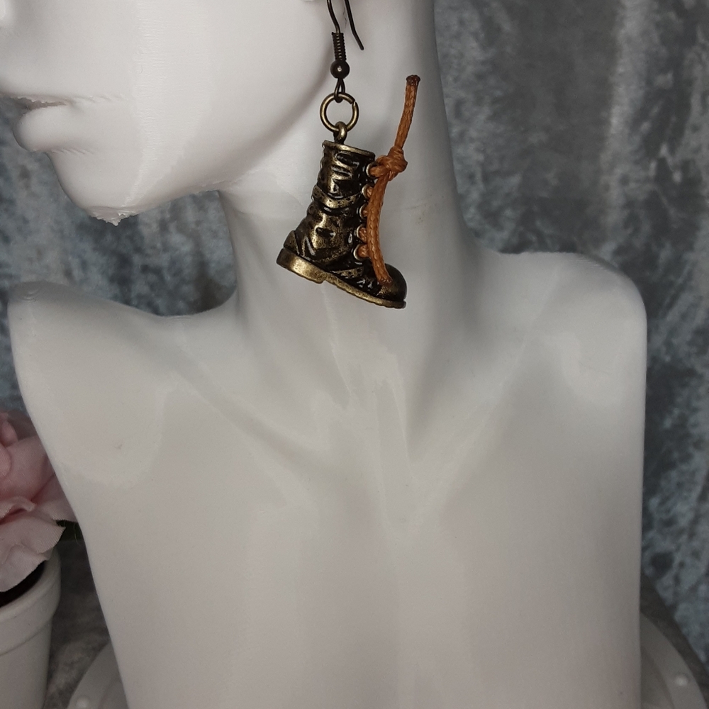 Handmade Combat Hiking Boots Earrings Bronze
